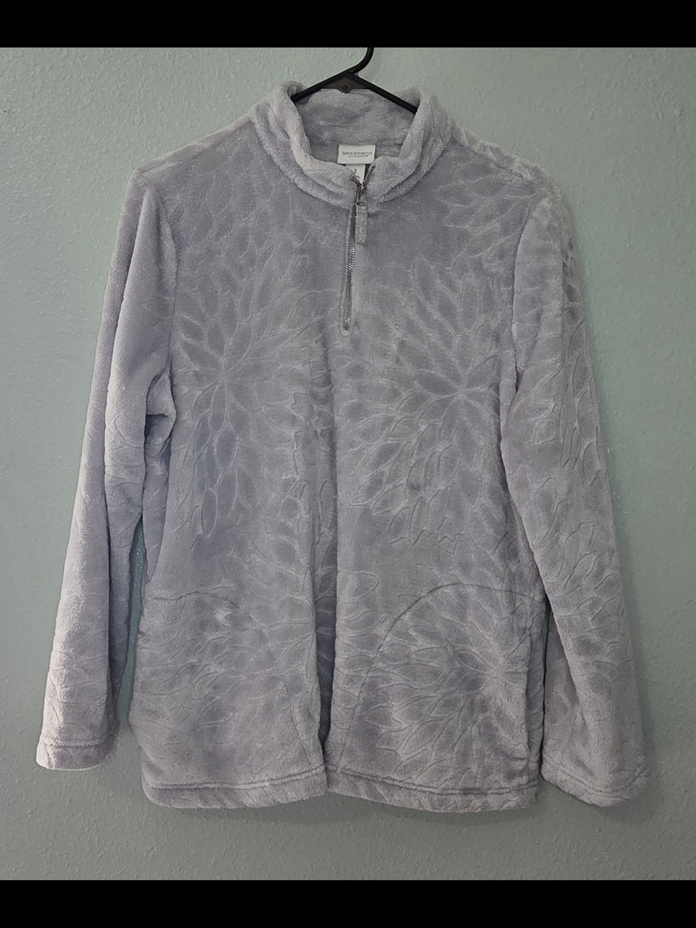 Weekends by Chico's Cozy Gray Embossed Floral Quarter Zip Fleece Tunic Sweatshir - Picture 2 of 10